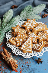 Christmas cookies in plate and fir branch