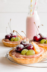 Cherry mini tarts with fruits and milk