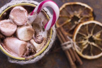 Cup of hot chocolate with marshmallow and slices of orange and cinnamon
