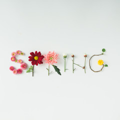 Word "SPRING" made of flowers on bright background