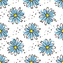 Chamomile tea seamless pattern. Organic herbal hot drinks pakage design.