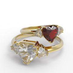 Wedding rings with diamond heart. 3D illustration