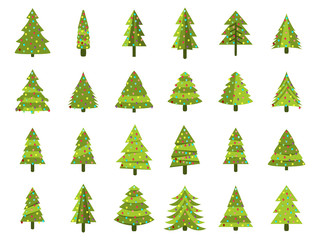 Christmas trees in a flat style. Decorated Christmas Tree. Fir trees isolated on white background. Vector icons.