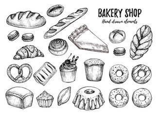 Hand drawn vector illustration - Set with sweets and desserts. Croissant, bun, pretzel, bread, baguette, cupcake. Perfect for menu, bakery, cafe - 127957712