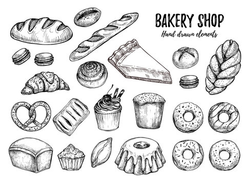 Hand drawn vector illustration - Set with sweets and desserts. Croissant, bun, pretzel, bread, baguette, cupcake. Perfect for menu, bakery, cafe