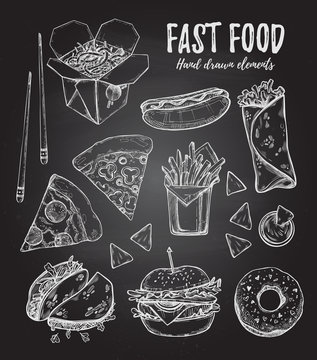Hand drawn vector illustration - Fast food (hot dog, hamburger, donut, French free, wok, pizza). Perfect for delivery, menu, restaurants