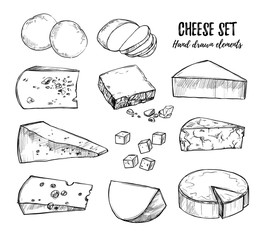 Hand drawn vector illustration. Cheese set (mozzarella, blue che