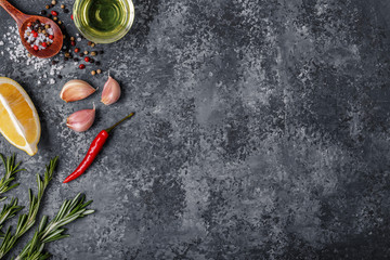 Background with spices, herbs and olive oil.