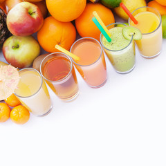Fruits smoothies, summer cool drinks top view macro isolated