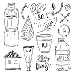 Vector hand drawn set of water and recycle icons. Healthy collection with water bottles. Drink more water concept