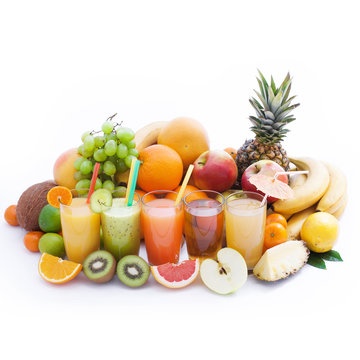 Fruits smoothies, summer cool drinks top view macro isolated