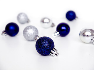 Christmas, new year, Christmas toys, blue, silver on white background