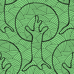 Seamless pattern, vector hand drawn repeating illustration, decorative ornamental stylized endless trees. Green abstract seamles graphic illustration. Artistic line drawing silhouette.