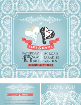Wedding  invitations.Winter paisley pattern,heart