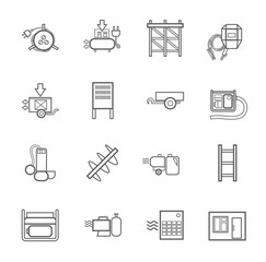 Electric equipment and construction equipment, contour icons, monochrome. Gray, vector linear image electric, gas, and construction equipment on a white background. 