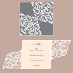 Wedding invitation or greeting card with abstract ornament. Vector envelope template for laser cutting. Paper cut card with silhouette. Cutout silhouette panel. Cutting file