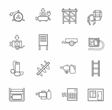 Electric equipment and construction equipment, contour icons, monochrome. Gray, vector linear image electric, gas, and construction equipment on a white background. 