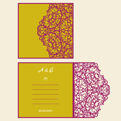 Wedding invitation or greeting card with abstract ornament. Vector envelope template for laser cutting. Paper cut card with silhouette. Cutout silhouette panel. Cutting file