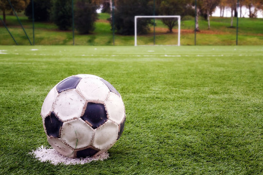 Soccer ball, on the disc in front of the goal