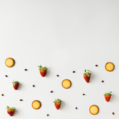 Coffee beans, strawberries and cookies colourful pattern
