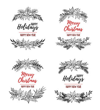 Hand drawn vector set of Christmas wreaths .Christmas design ele