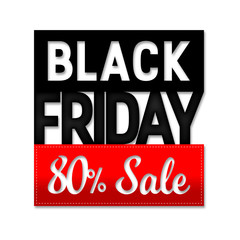 Black friday sale design template. Vector banner illustration, advertising. Red tag 80% sale with soft shadow.