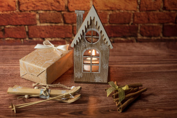 Christmas candles and lights. Christmas background.