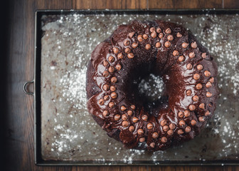 chocolate bundt cake on baking tray