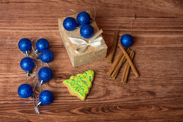 Christmas backgrounds. Christmas decor on the wooden background.