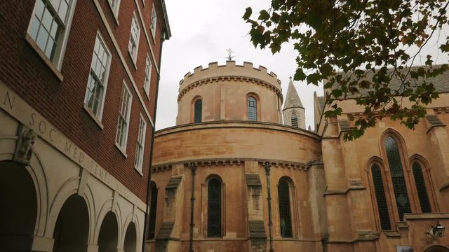 A POV cinematic approach to the apse of the Temple Church in London, UK. The Temple Church is a 12th-century church in the City of London built by the Knights Templar as their English headquarters
