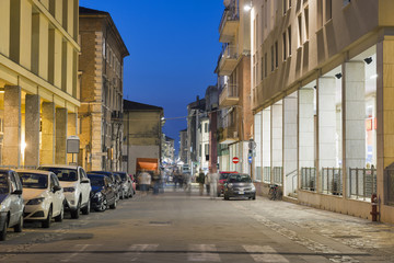 Night Corso d'Augusto Street in Rimini, Italy.
