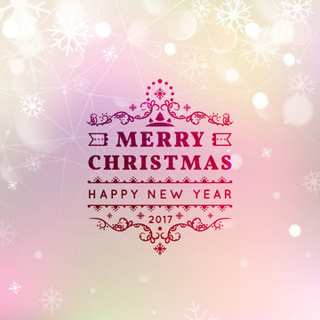 Merry Christmas and Happy New Year card. Christmas typographic message. Vector bokeh background, festive defocused lights, snowflakes, text