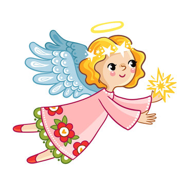 Flying angel with wings holding in hands star. Vector illustration in a childrens style on a white background.