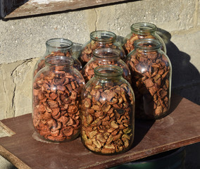 Dried fruits in the three-liter jar. Dried apples, cut into slices