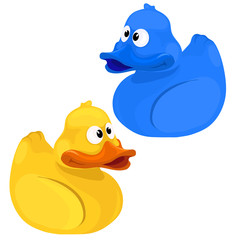 Yellow and blue funny toy duck isolated