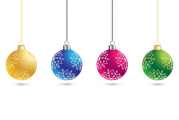 Christmas set of balls decoration background with snowflakes. Happy New Year bauble traditional. Merry Xmas greeting card . Bright shiny decorative holiday design. Vector illustration