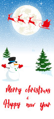 Merry Christmas and Happy New Year banner. Snowman, silhouettes fly deers and Santa Claus in sleigh on background moon. Concept design greeting card, flyer, poster. Cartoon style. Vector illustration