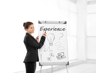 Fototapeta premium Business trainer near flipchart at conference. Business coaching and development concept.