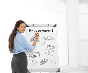 Business trainer near flipchart at conference. Business and procurement concept.