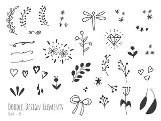 Set of hand drawn doodle design elements isolated on white background. Set of handdrawn borders, laurels, floral dividers, ribbon, leaf, diamond. Abstract hand sketched shapes. Vector illustration.