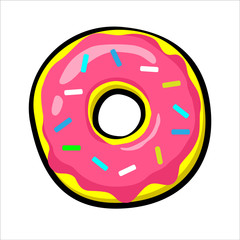 Donut vector illustration isolated on white. Pop art Cool Patch, sticker. Comics style 80s 90s. Cute, tasty, Colored sprinkles, pink topping, logo for bakery menu