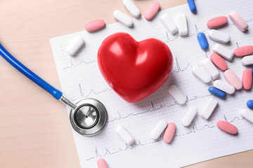 Stethoscope, pills and red heart with paper electrocardiogram