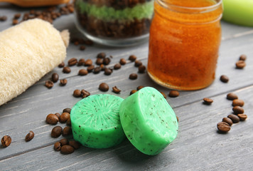 Exfoliating soap and set for peeling on background