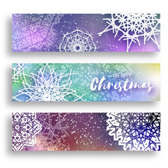 Set of 3 Merry Christmas banner with origami white snowflake.