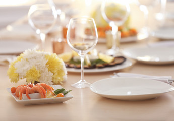 Table setting for holiday buffet, close up view