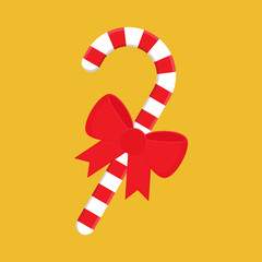 Fototapeta na wymiar Christmas candy cane with red bow isolated on yellow background. Vector illustration.