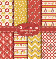 Merry Christmas and Happy New Year! Set of seamless backgrounds with traditional symbols: deer, christmas tree, bells, candy cane, holly, snowflakes and suitable abstract patterns. Vector collection.