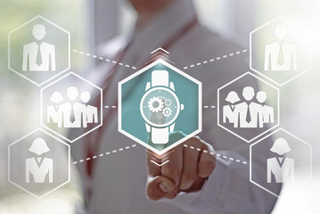 Business, finance, technology and internet concept - businesswoman presses wrist watch button on virtual screens. Businessman touching the icon a watch with gears. Business community. Hexagon style.