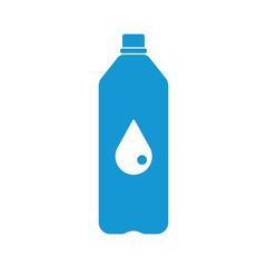 Blue Plastic bottle silhouette with water. Small bottle of water. With drop. Vector illustration