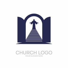 Church logo. Christian symbols. Open the door and the staircase leading to the Lord and Savior Jesus Christ.